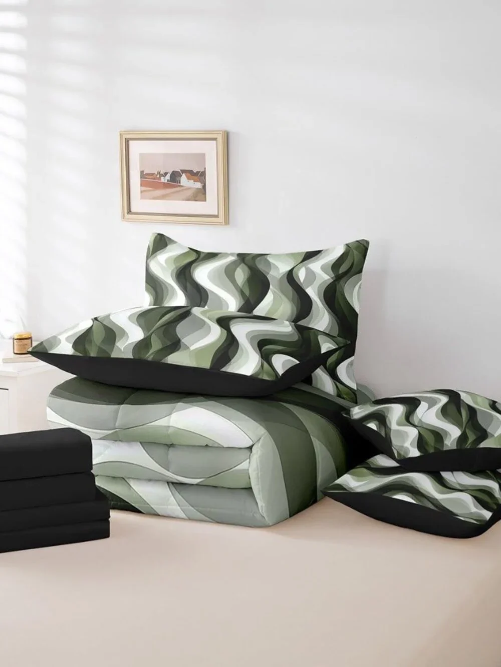 7Pcs Sage Green Queen Comforter Set,Boho Abstract Striped Bed in A Bag for Kids